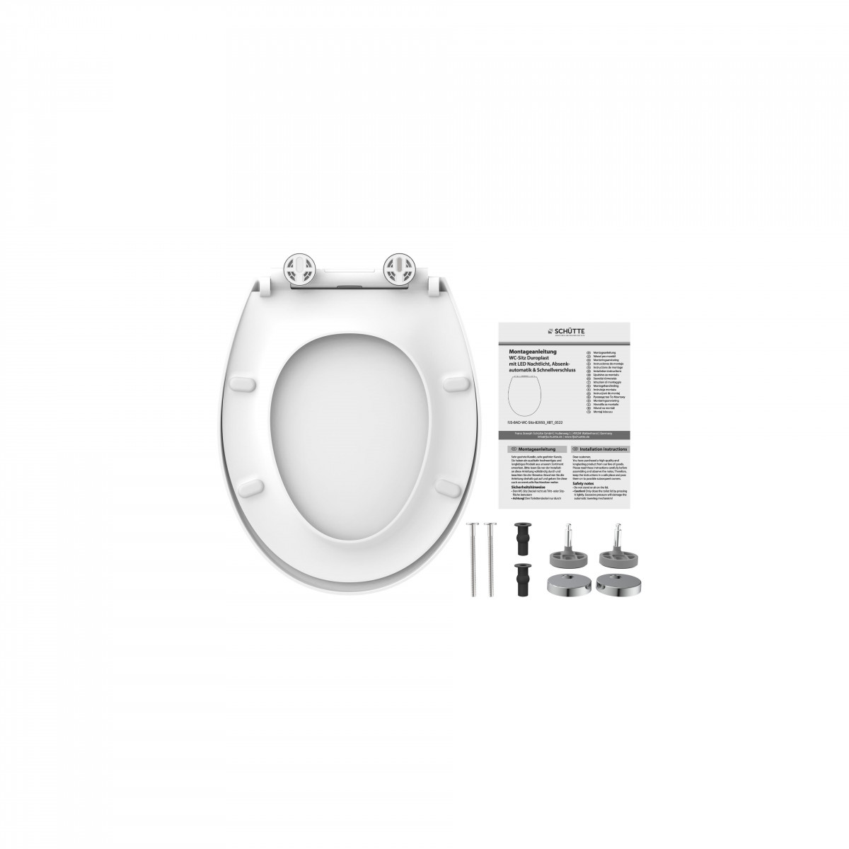 Weißer WC-Sitz mit Scharnieren, Montagematerial und Anleitung.