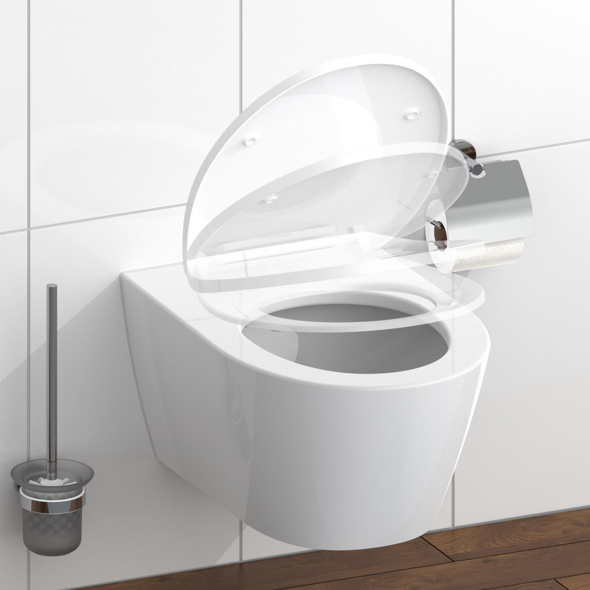Wandhängendes WC mit hochgeklapptem Sitz und Deckel in mehreren Positionen dargestellt.