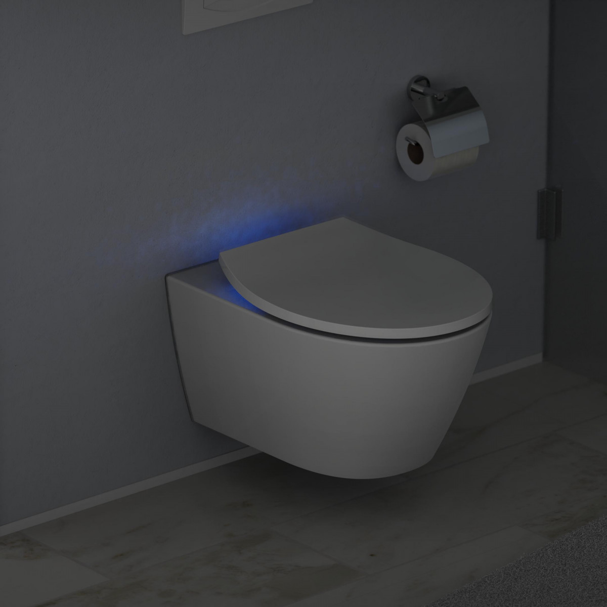 Wandhängendes WC mit geschlossenem Deckel und blauem Licht darunter