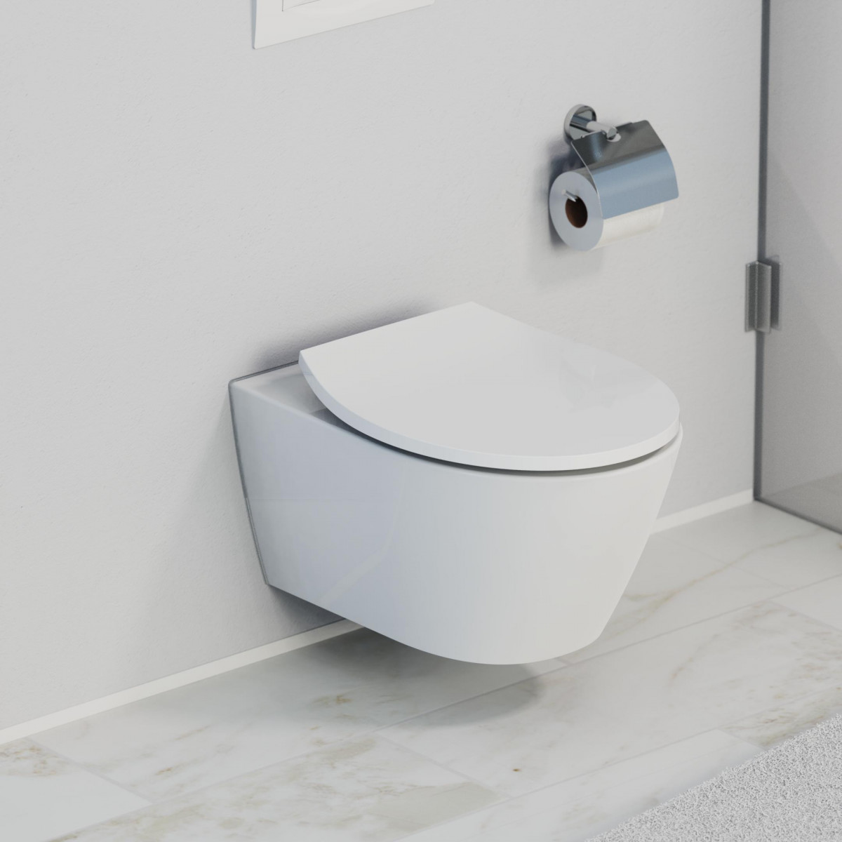 Wandhängendes WC mit geschlossenem Deckel und Toilettenpapierhalter aus Metall