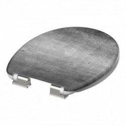Ovaler WC-Sitz mit grauer Betonoptik und silbernen Metallscharnieren.