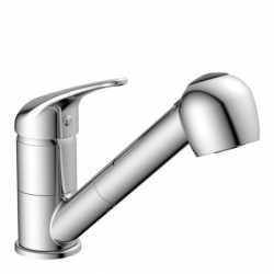 Chromfarbene Küchenarmatur mit Einhebelmischer und herausziehbarer Brause.