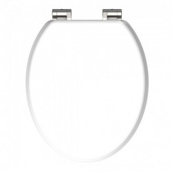 Weißer ovaler WC-Sitz mit zwei silberfarbenen Metallscharnieren.