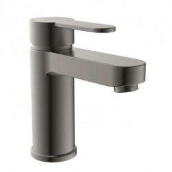 Graue Waschtischarmatur mit zylindrischem Körper und kurzem, geradem Hebelgriff.