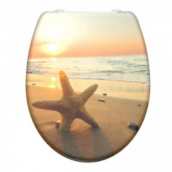 Toilettensitz mit Motiv eines Sonnenuntergangs am Strand mit Seestern im Sand