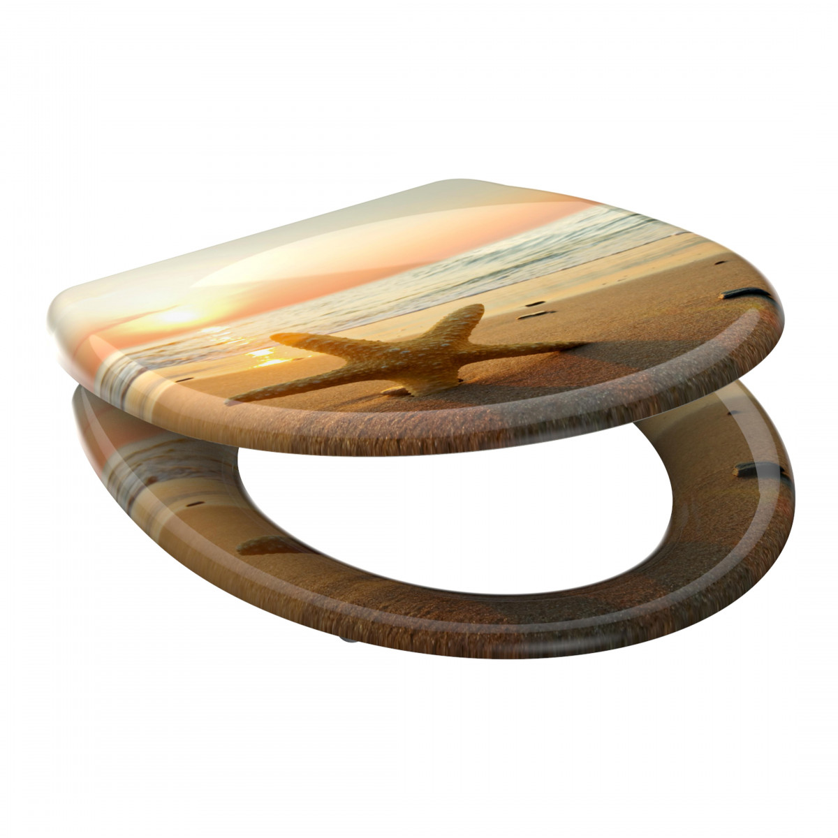 WC-Sitz mit Strandmotiv, Seestern im Sand bei Sonnenuntergang