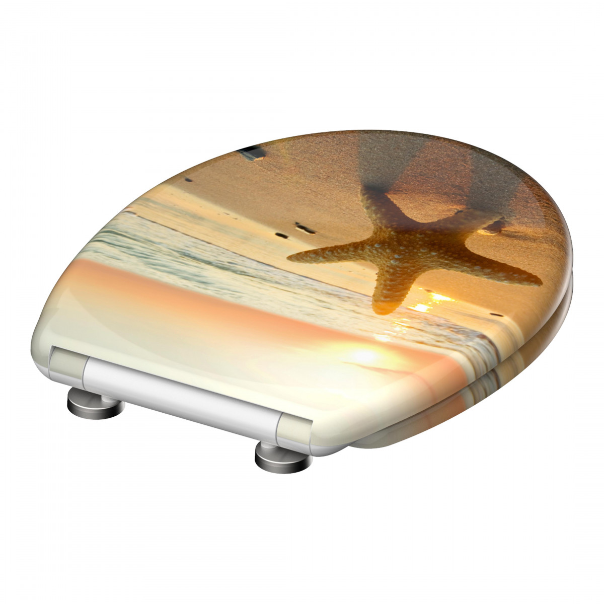 Personenwaage mit Strandmotiv und Seestern bei Sonnenuntergang
