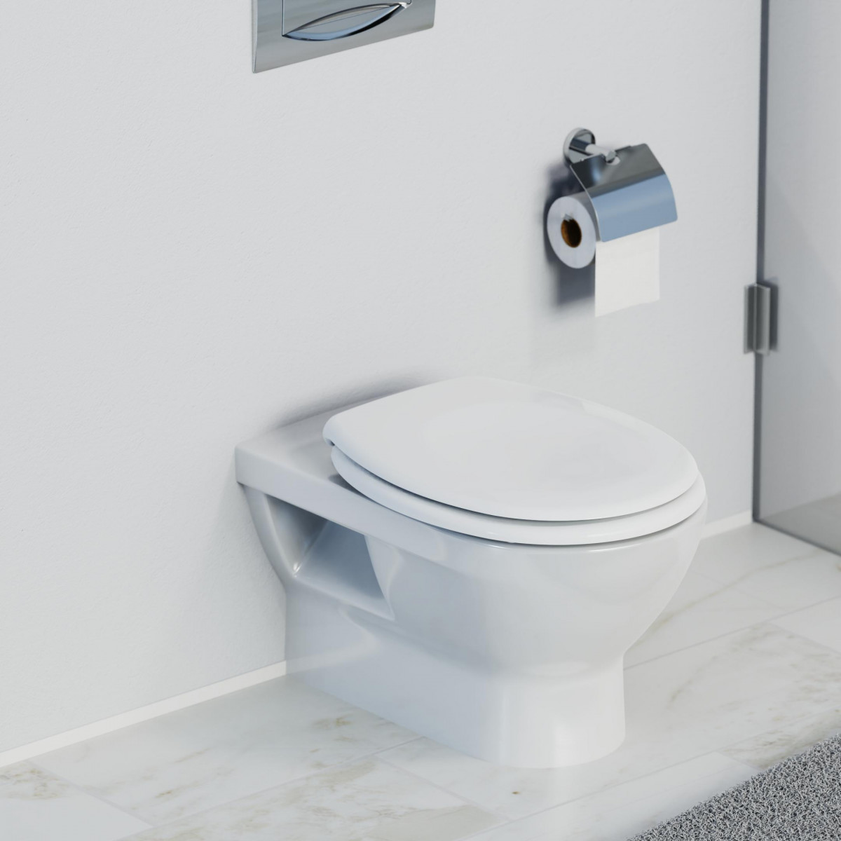 Wandmontiertes WC mit geschlossenem Deckel und Toilettenpapierhalter