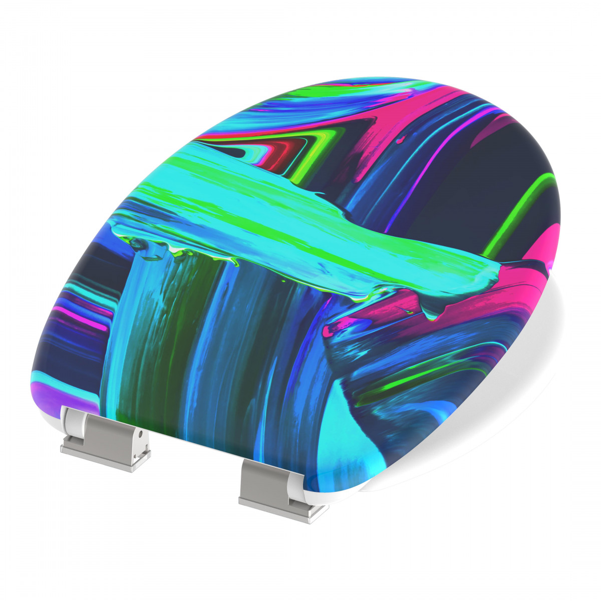Toilettendeckel mit abstraktem Muster in Blau, Grün und Pink, Scharniere sichtbar