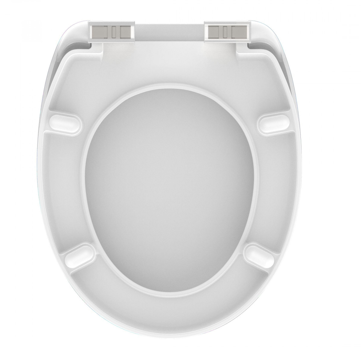 Unterseite eines weißen WC-Sitzes mit Scharnieren und Puffern