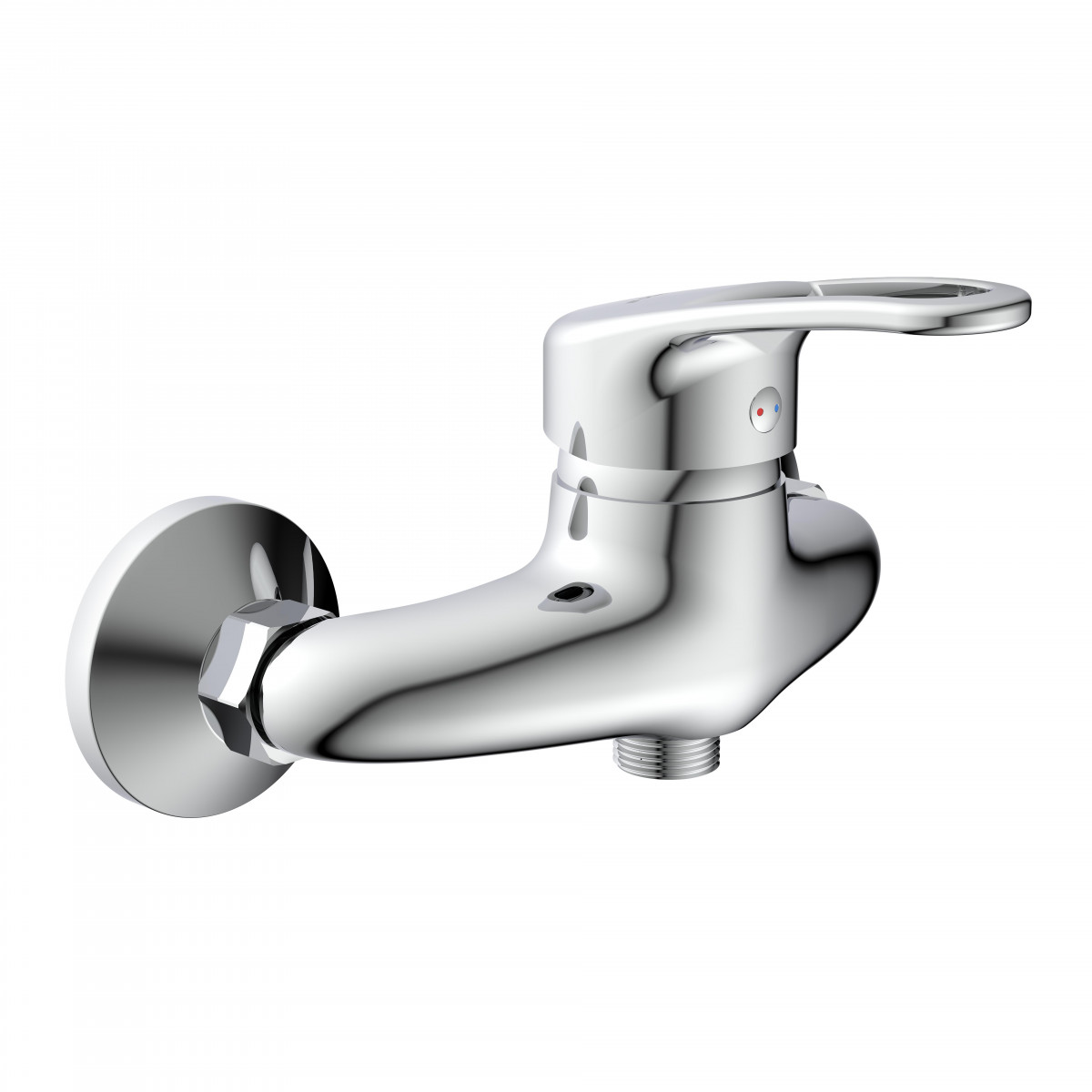 Verchromte Wandarmatur mit Einhebelmischer, Wandrosette und Gewindeanschluss.