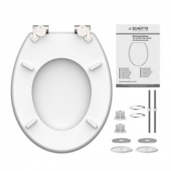 Weißer WC-Sitz mit Montageset, Scharnieren und Montageanleitung in Einzelteilen.