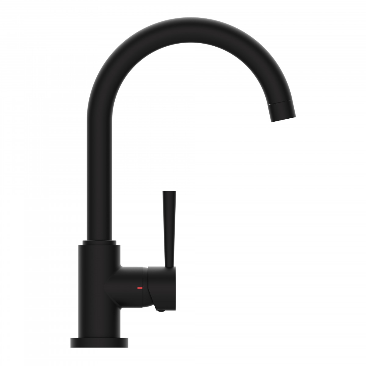 Schwarze Küchenarmatur mit hohem, gebogenem Auslauf und seitlichem Hebelgriff.