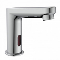 Edelstahlfarbener Sensor-Wasserhahn mit eckigem Auslauf und rotem Sichtfenster.
