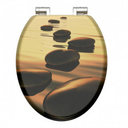Toilettensitz mit goldenem Aufdruck aus schwarzen Steinen auf Wasseroberfläche und Metallscharnieren.