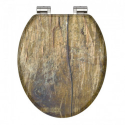 Toilettensitz in braun-grünlicher Holzoptik mit sichtbaren Metallscharnieren.