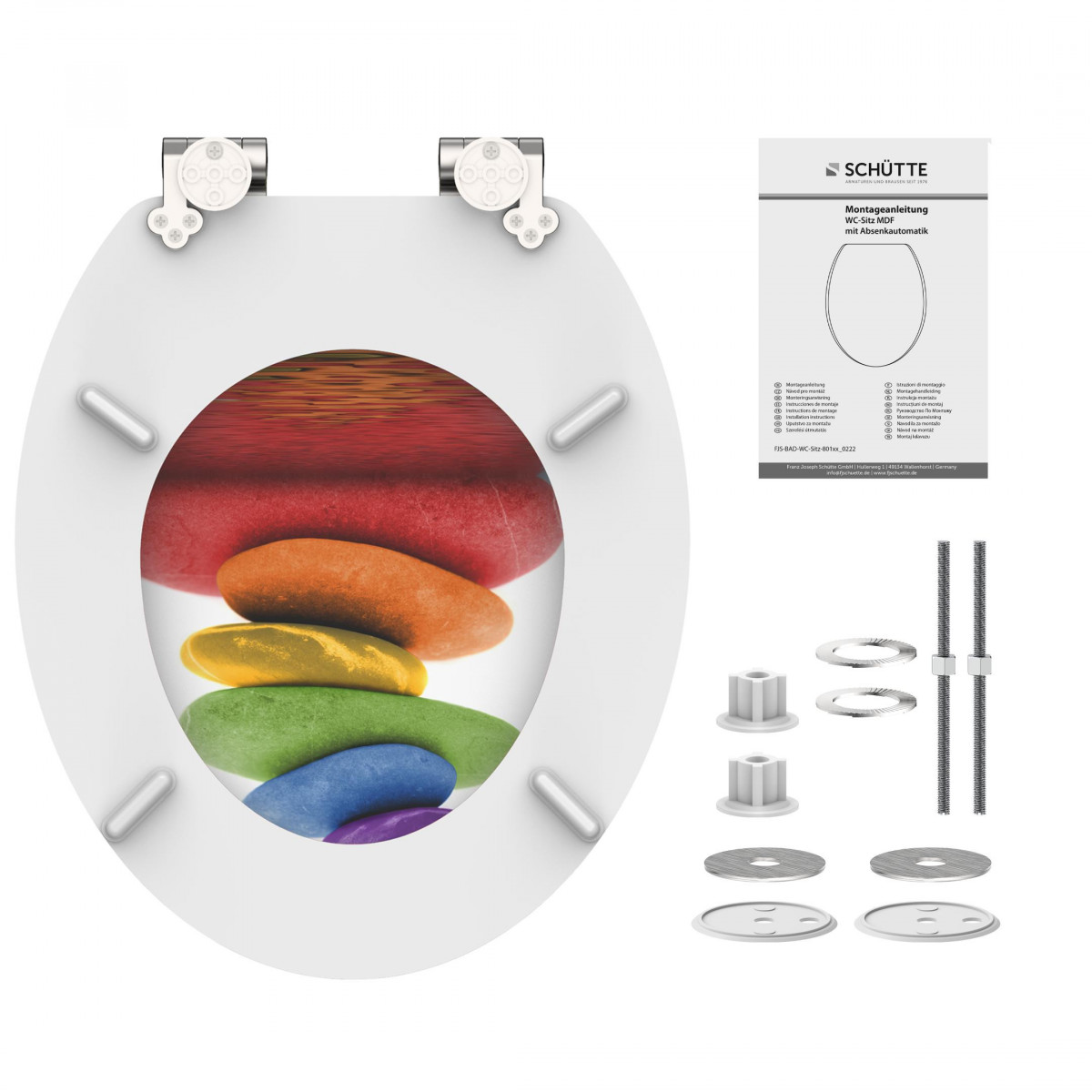 WC-Sitz mit Unterseite mit buntem Steinmotiv, Scharnieren, Montagematerial und Anleitung.