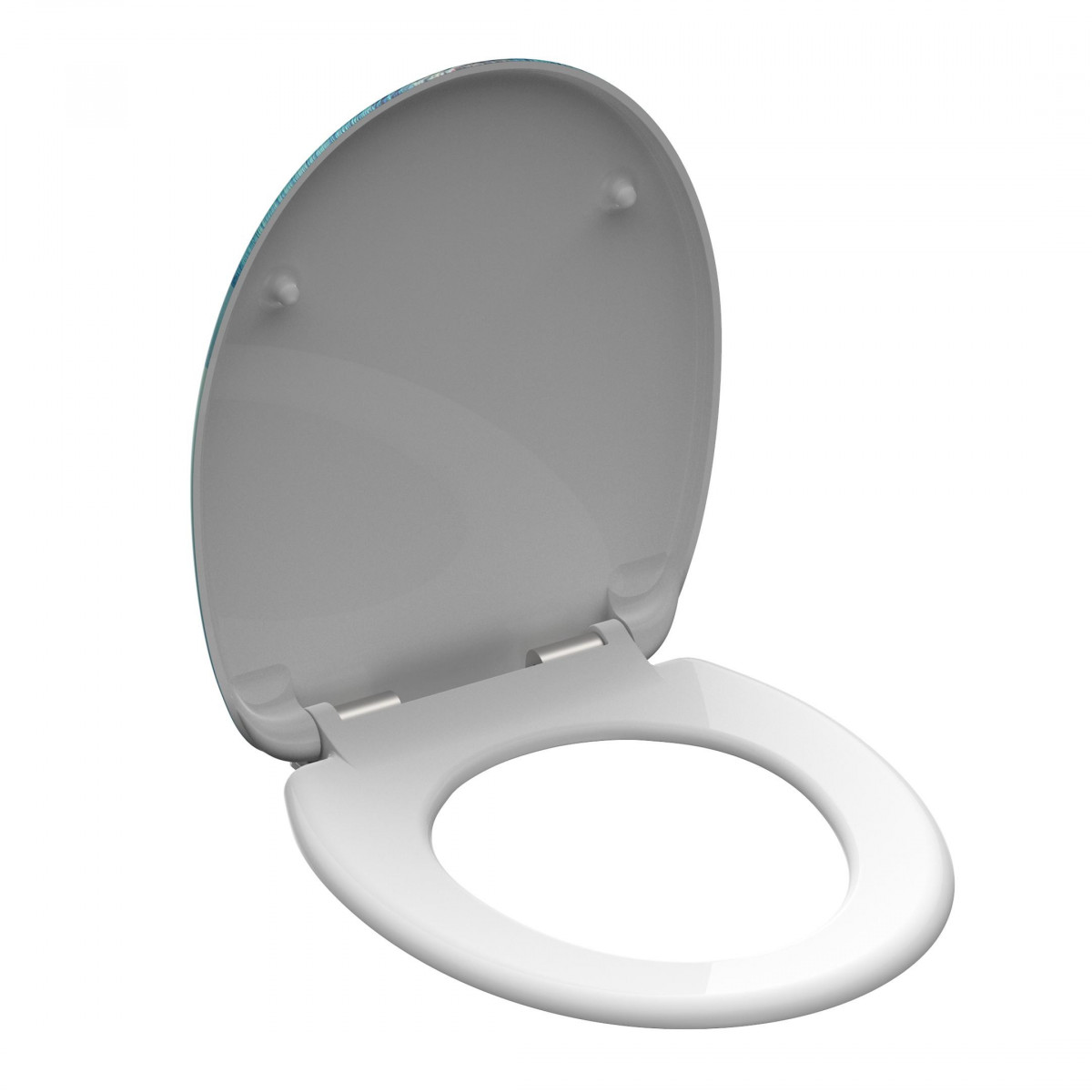 Weißer Toilettensitz mit geöffnetem Deckel und sichtbaren Scharnieren.