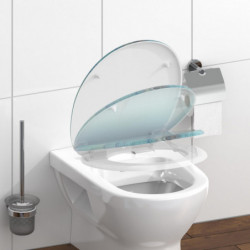 WC-Sitz und Deckel aus transparentem Glas auf wandhängendem WC