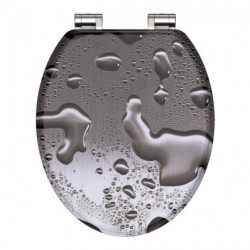 Geschlossener WC-Sitz mit silberfarbener Oberfläche, Wassertropfenmuster und Metallscharnieren.