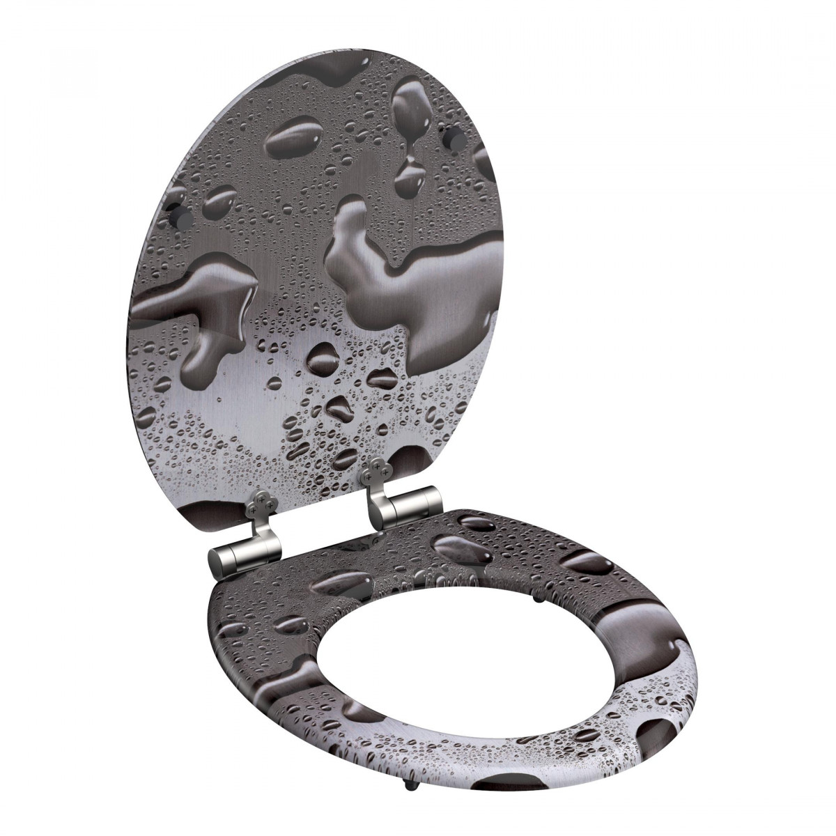 Aufgeklappter Toilettensitz mit Deckel in dunkler Metalloptik mit Wassertropfenmuster.