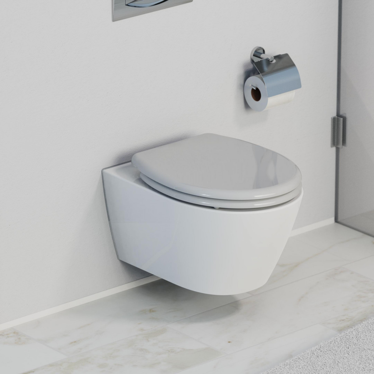 Wandhängendes WC mit geschlossenem Deckel und Metall-Toilettenpapierhalter darüber