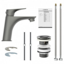 Einhebel-Waschtischarmatur in Grau mit Zubehör, Montagematerial und Anleitung.