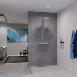 Duschsystem mit Kopfbrause und Handbrause an grauer Wand im Bad.