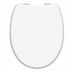 Weißer WC-Sitz mit ovalem Deckel und sichtbaren Scharnieren.