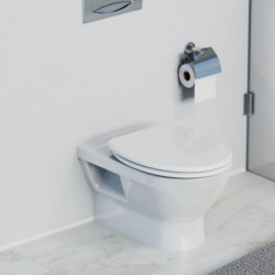 Wandhängendes WC mit geschlossenem Deckel und Toilettenpapierhalter aus Metall