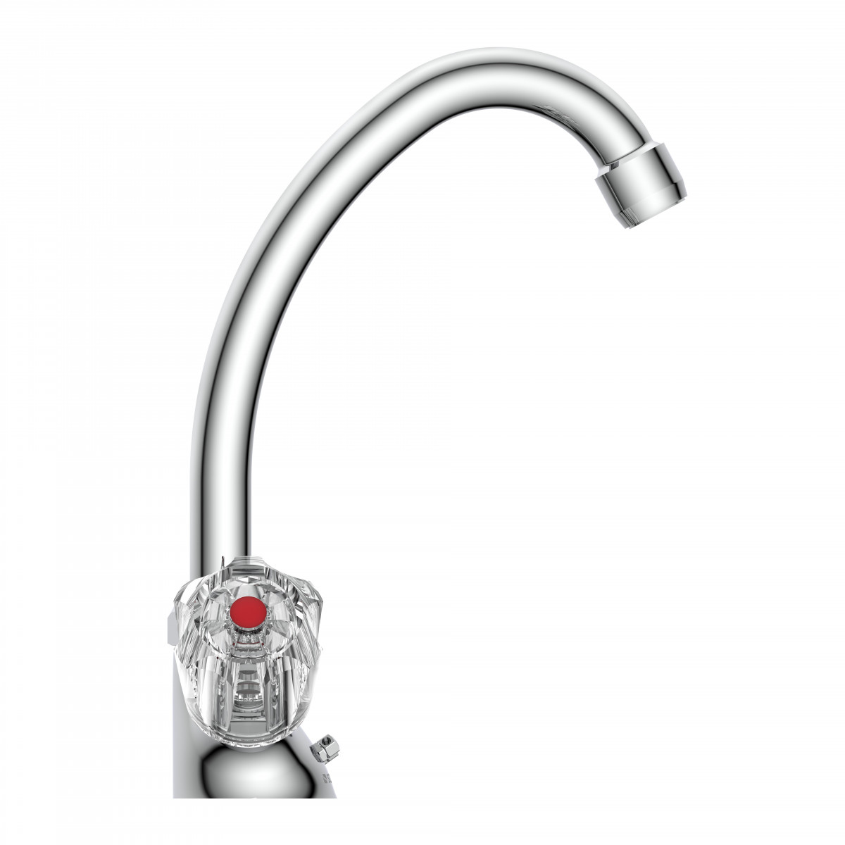 Verchromter Wasserhahn mit gebogenem Auslauf und transparentem Drehgriff mit roter Markierung.