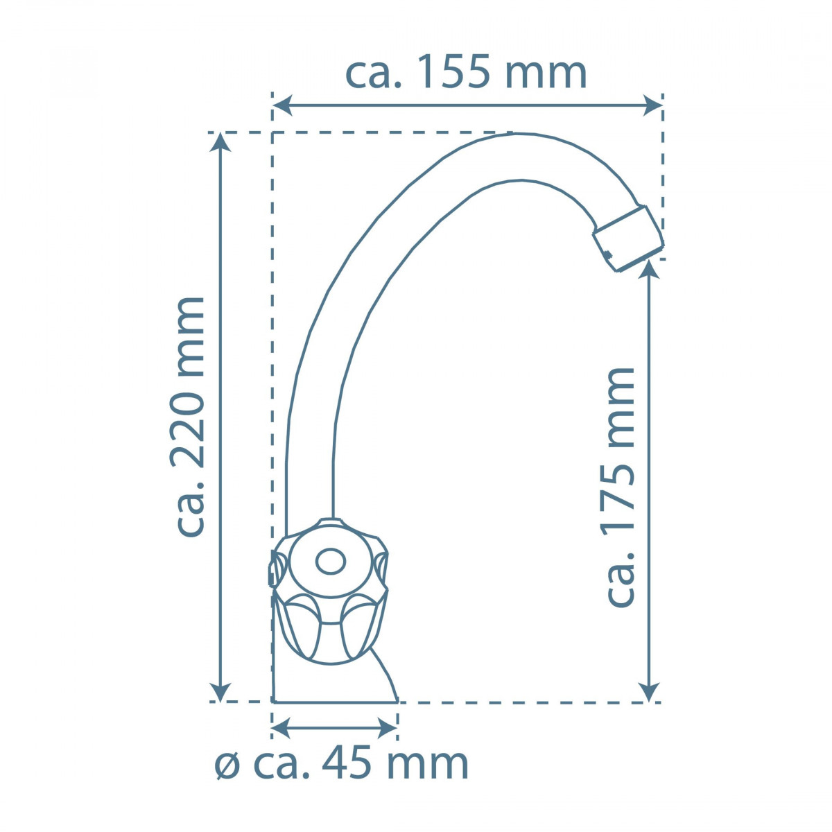 Technische Zeichnung einer gebogenen Wandarmatur mit Maßen ca. 220 x 155 x 175 mm, Ø 45 mm