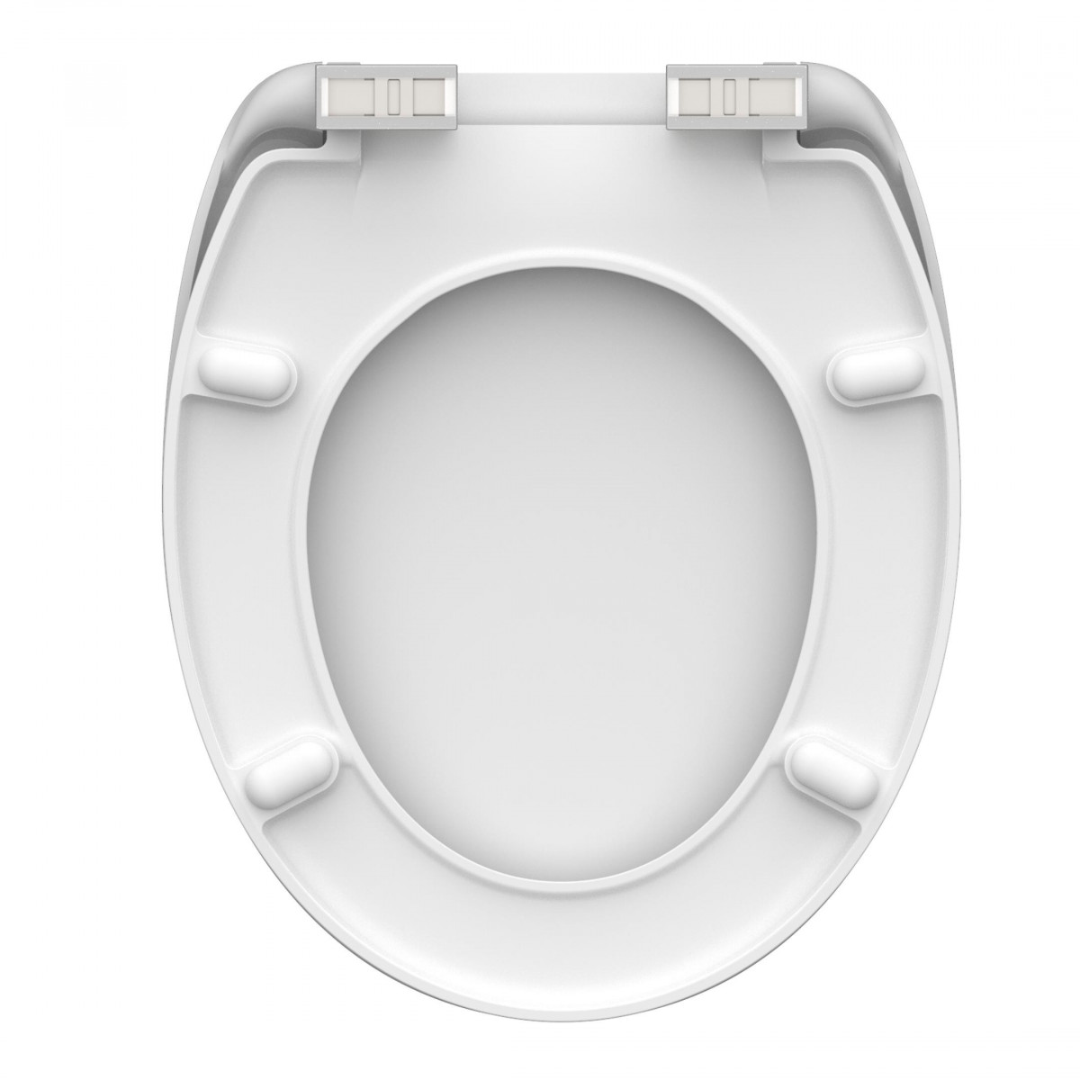 Weiße Toilettensitzunterseite mit Kunststoffpuffern und zwei Befestigungsscharnieren.