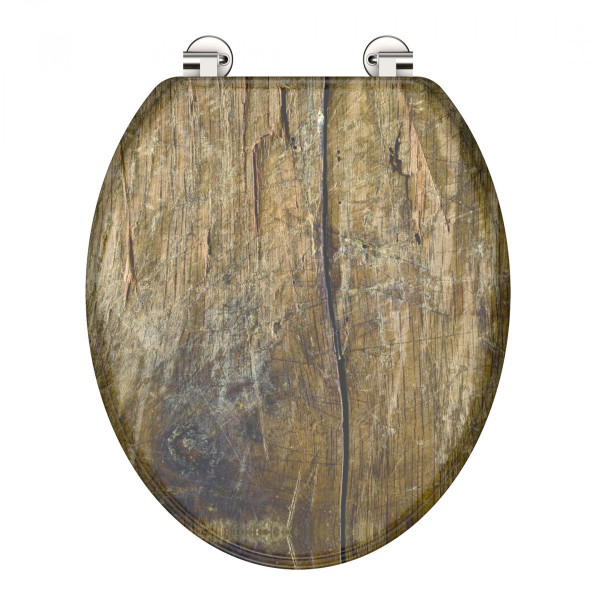 Toilettensitz mit braun-grüner Holzmaserung und zwei silberfarbenen Metallscharnieren.
