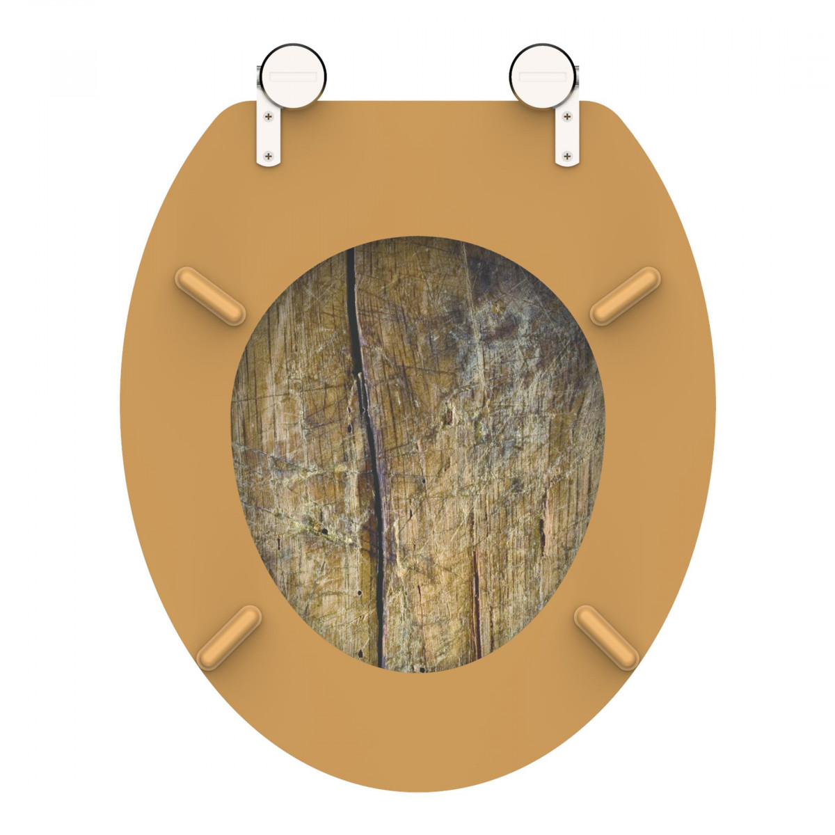 Ovale braune Platte mit zentraler Holzoptik, vier Auflagepads und zwei Metallhalterungen.