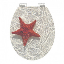 Transparenter Toilettendeckel mit rotem Seesternmotiv und zwei Metallscharnieren.