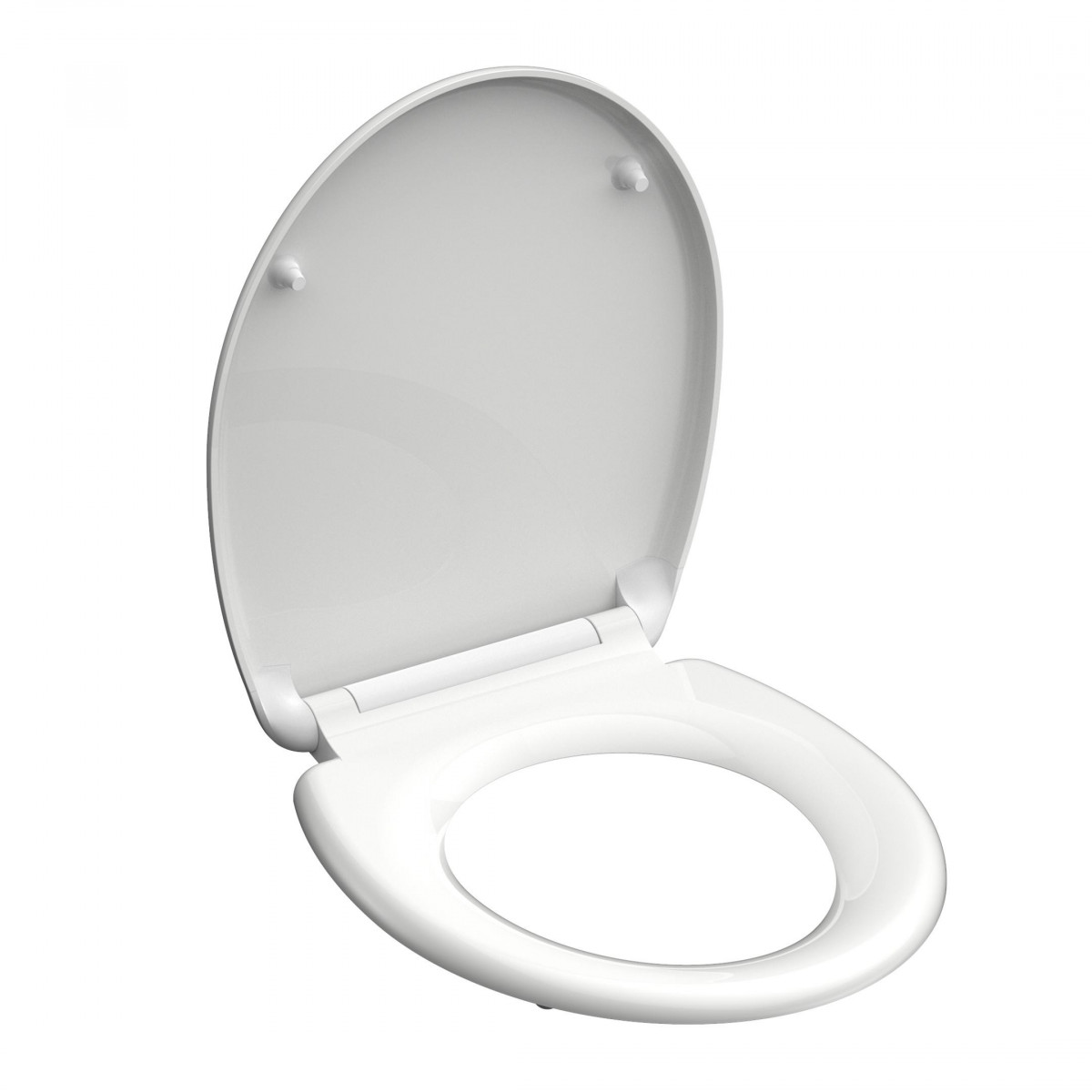 Weißer WC-Sitz mit offenem Deckel und runder Sitzfläche.