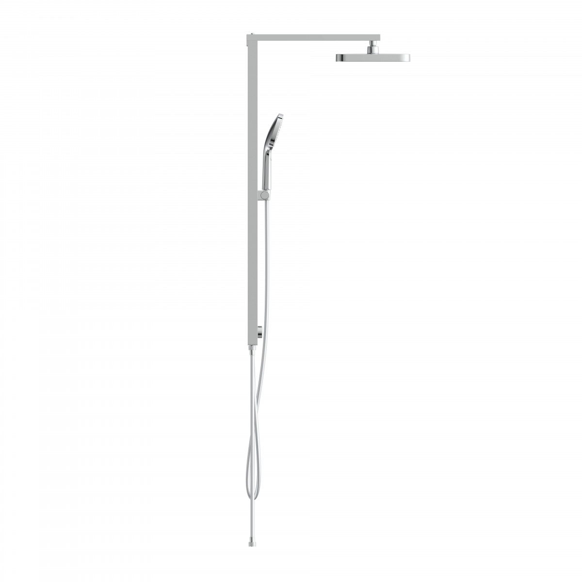Duschsäule mit rechteckiger Kopfbrause und Handbrause samt Schlauch in Silber.