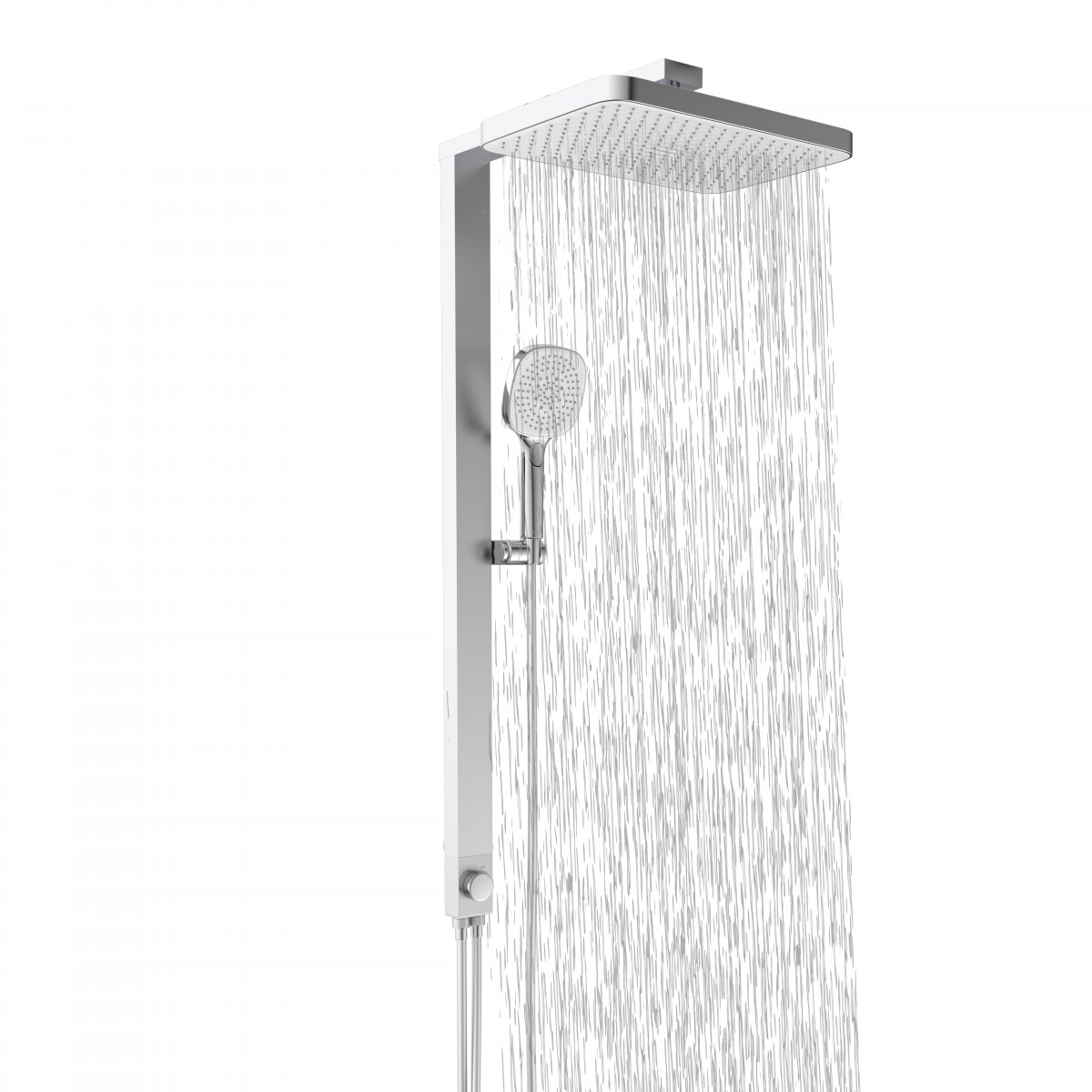 Duschpaneel mit eckigem Regenduschkopf und Handbrause, Wasserstrahl sichtbar