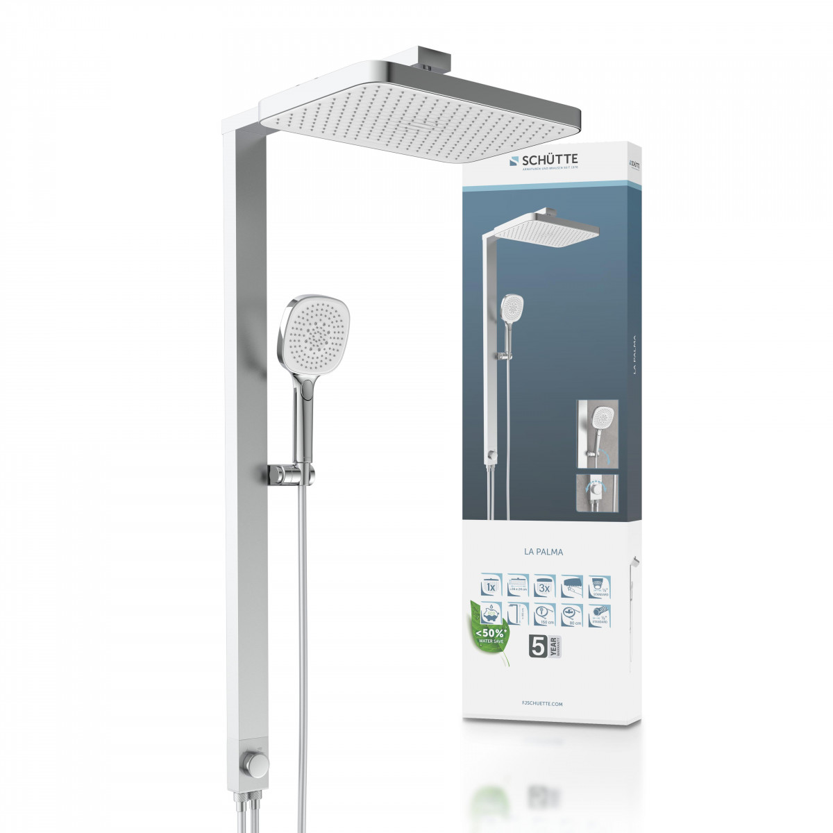 Duschsystem mit eckiger Kopfbrause, Handbrause und Verpackung daneben