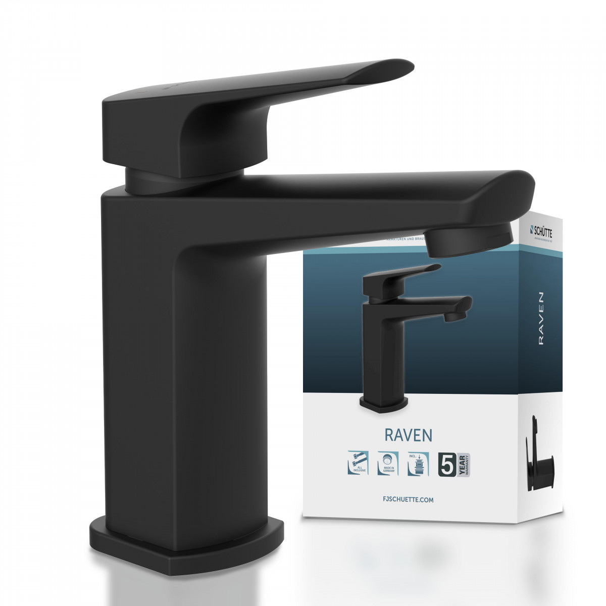 Schwarze Einhebel-Waschtischarmatur mit eckigem Körper und geradem Auslauf