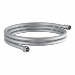 Silberfarbener Duschschlauch mit beidseitigen Metallgewinden, aufgewickelt.
