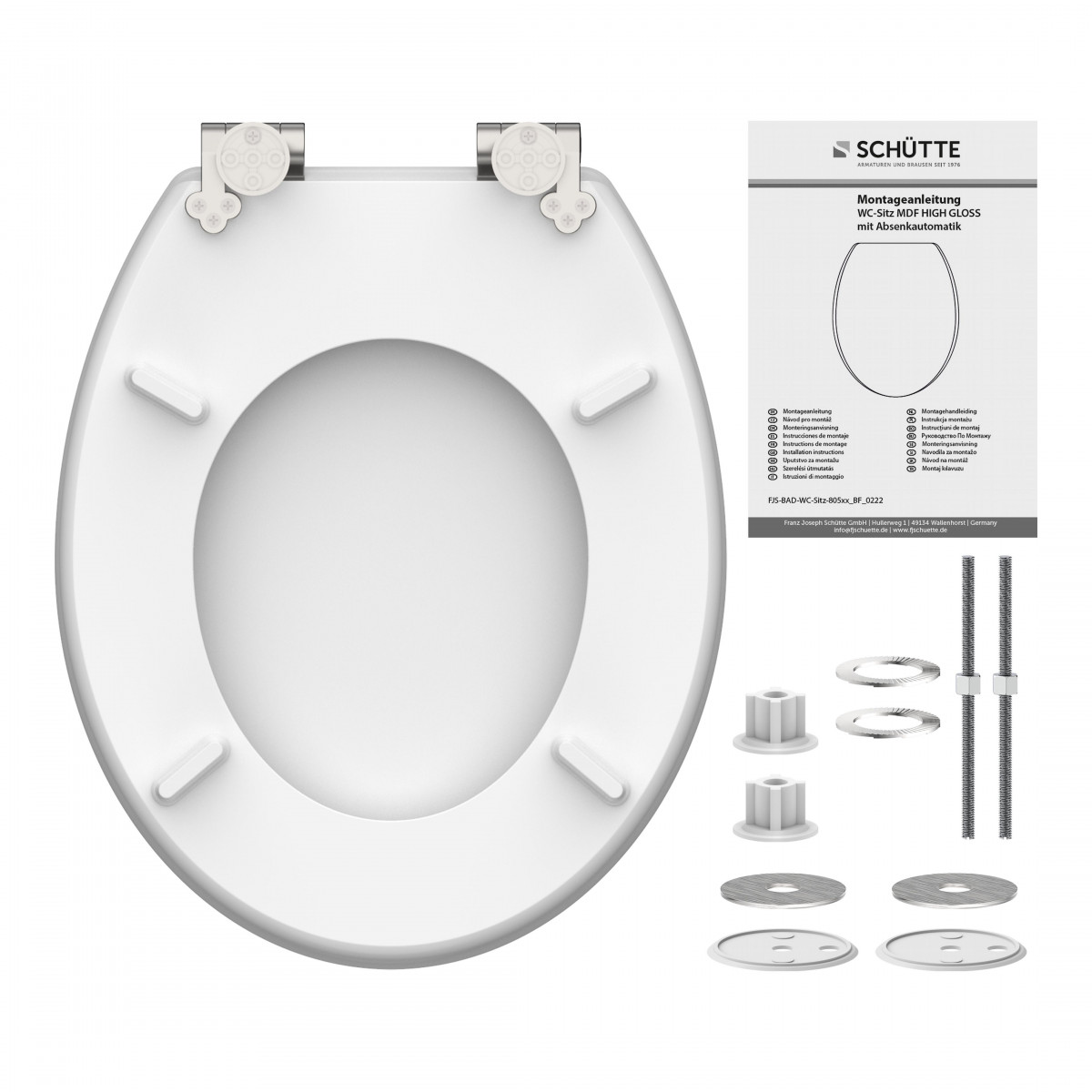 Weißer WC-Sitz mit Montagezubehör und Anleitung, von unten auf weißem Hintergrund.