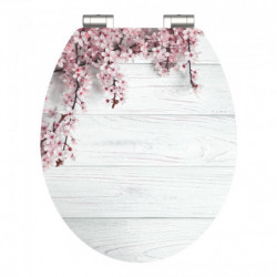 Ovaler WC-Sitz mit weißer Holzoptik und rosa Blütenzweigen am oberen Rand
