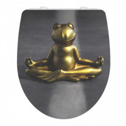 Toilettensitz mit Motiv eines goldfarbenen Frosches in Meditationspose.