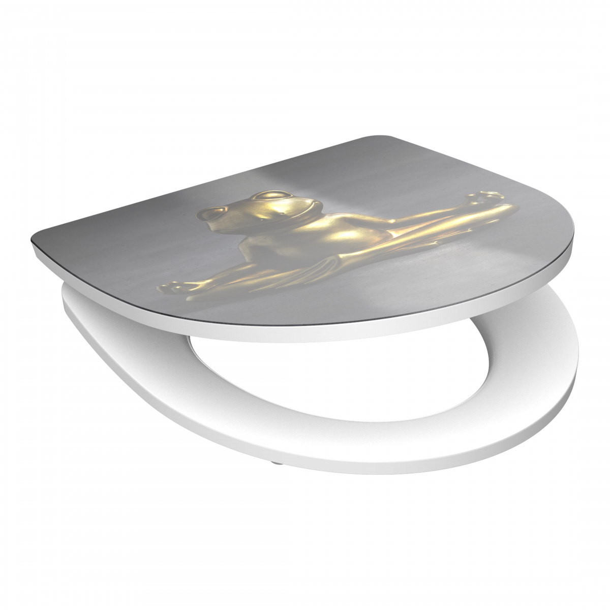 Weißer Toilettendeckel mit goldfarbener Froschfigur im Spagat auf dem Deckel.