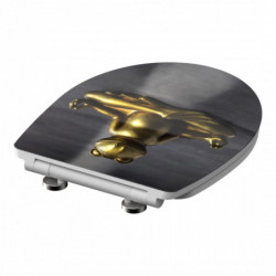 Goldfarbene Froschfigur auf dunkler quadratischer Fläche mit Scharnier.