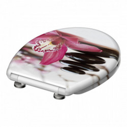 Weißer Toilettensitz mit Deckel und Motiv aus pinker Orchidee und schwarzen Steinen.