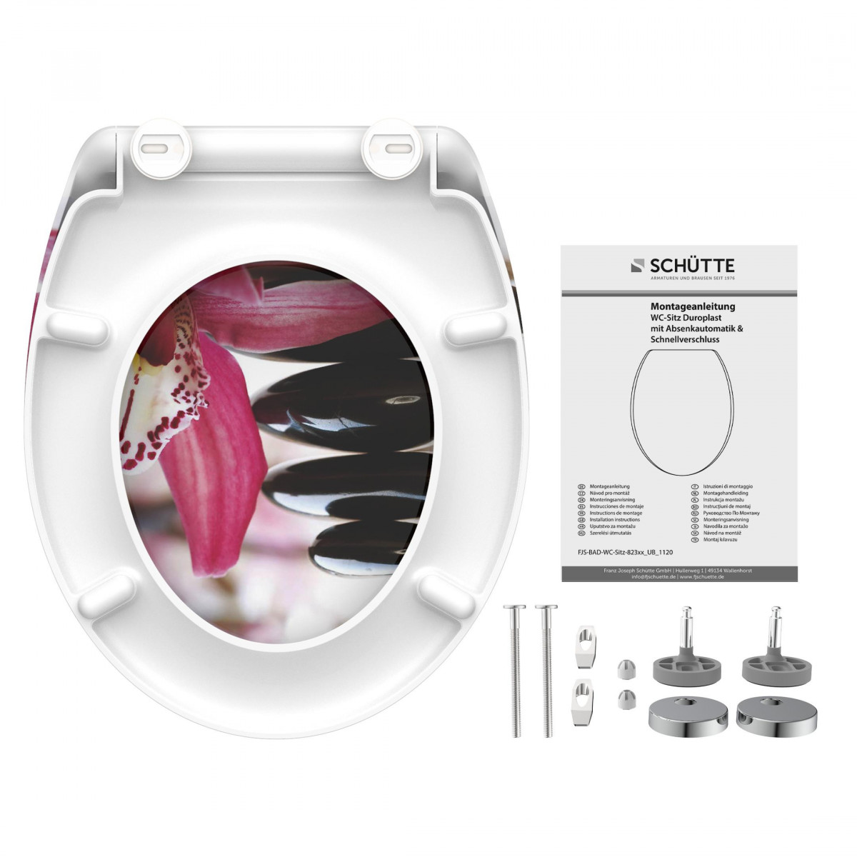 WC-Sitz mit Orchideenmotiv auf dem Deckel inklusive Montagematerial