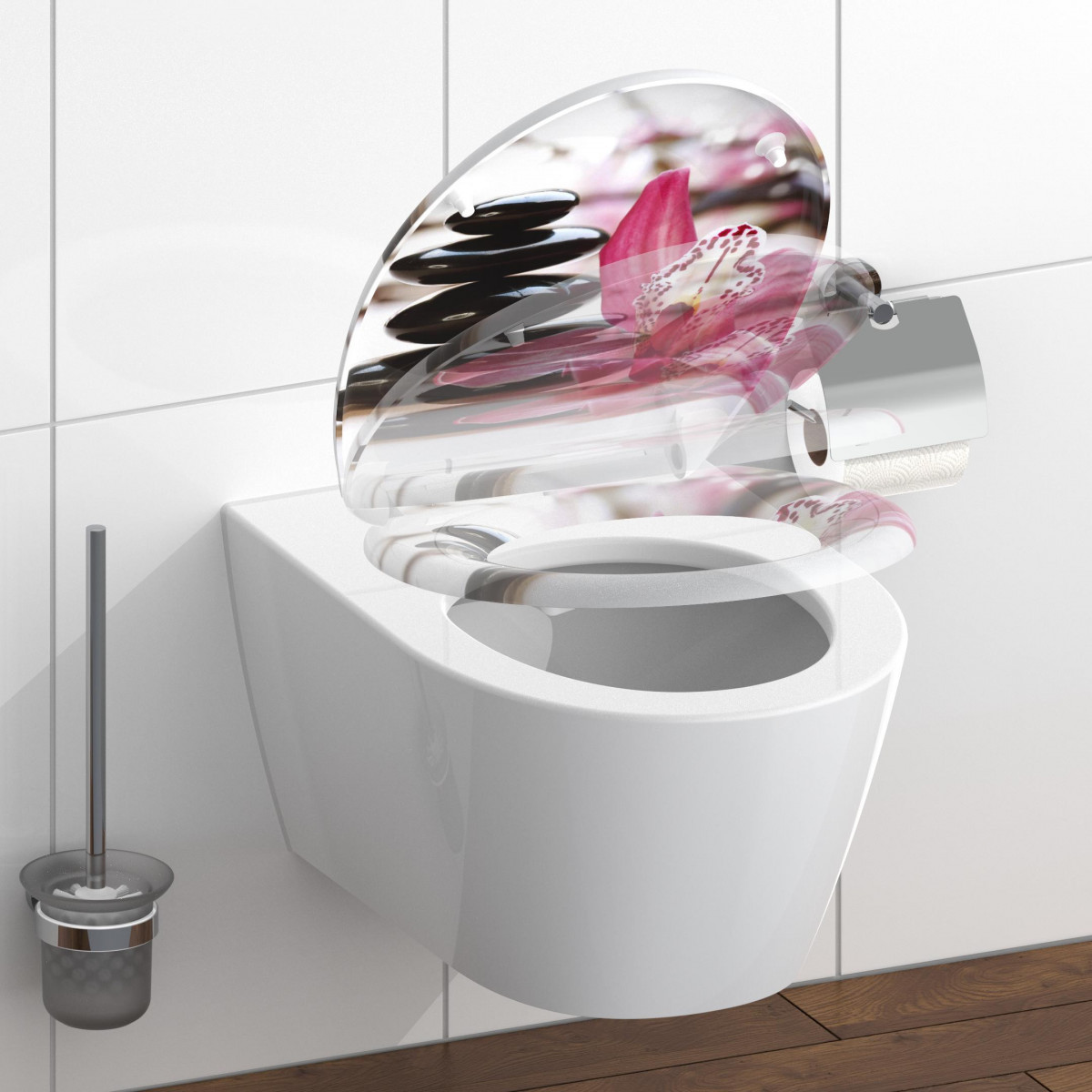 Toilettensitz mit transparentem Deckel und Motiv aus Steinen und rosa Blüte auf WC montiert